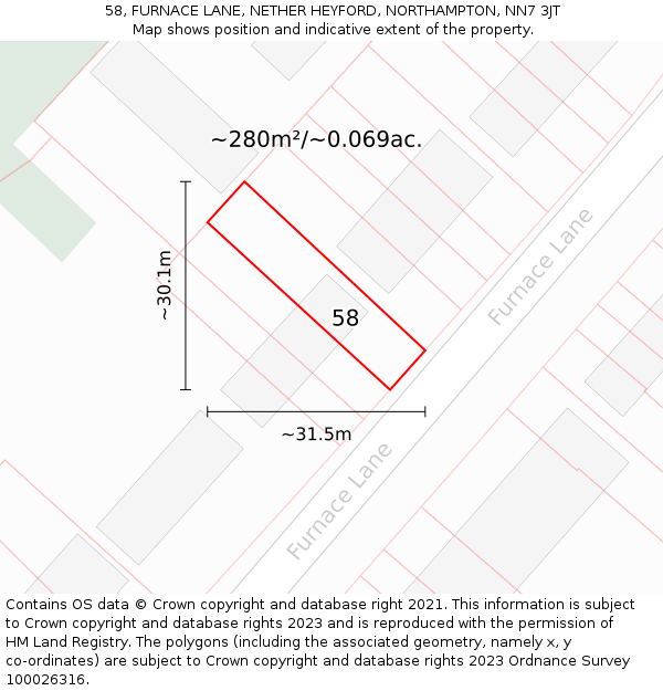 58, FURNACE LANE, NETHER HEYFORD, NORTHAMPTON, NN7 3JT: Plot and title map