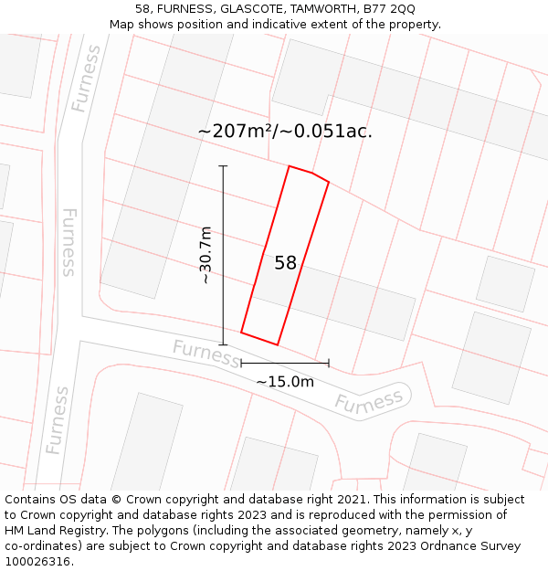 58, FURNESS, GLASCOTE, TAMWORTH, B77 2QQ: Plot and title map