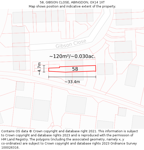 58, GIBSON CLOSE, ABINGDON, OX14 1XT: Plot and title map