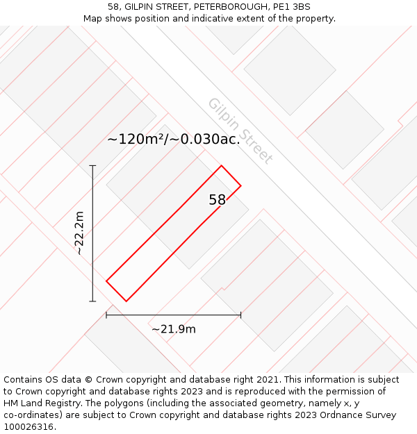 58, GILPIN STREET, PETERBOROUGH, PE1 3BS: Plot and title map