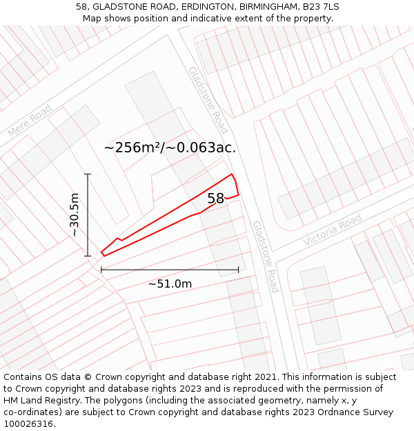 58, GLADSTONE ROAD, ERDINGTON, BIRMINGHAM, B23 7LS: Plot and title map