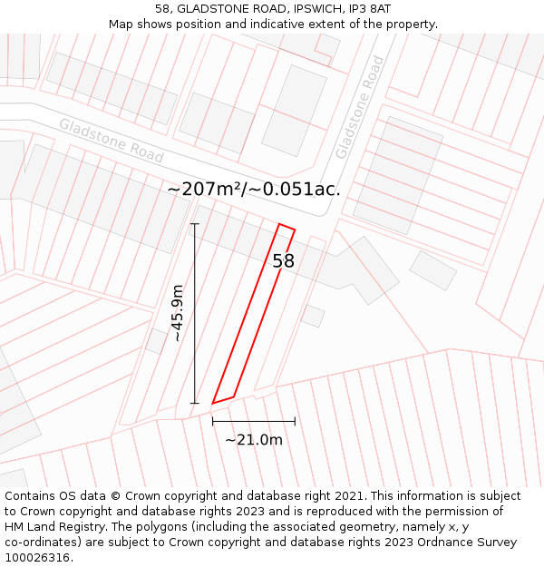 58, GLADSTONE ROAD, IPSWICH, IP3 8AT: Plot and title map
