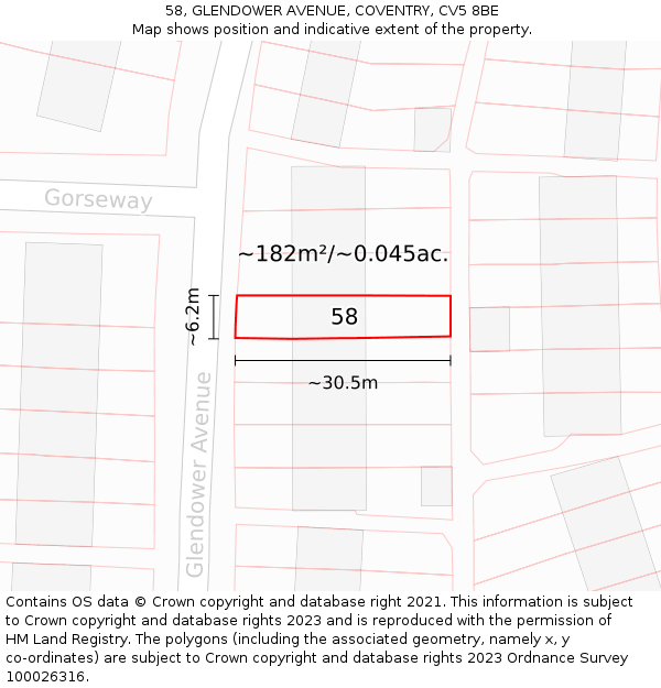 58, GLENDOWER AVENUE, COVENTRY, CV5 8BE: Plot and title map