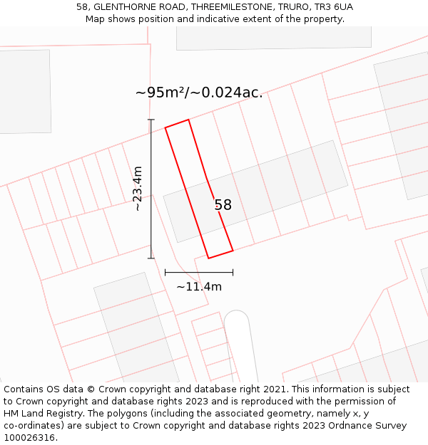 58, GLENTHORNE ROAD, THREEMILESTONE, TRURO, TR3 6UA: Plot and title map