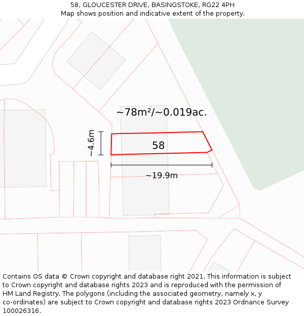 58, GLOUCESTER DRIVE, BASINGSTOKE, RG22 4PH: Plot and title map
