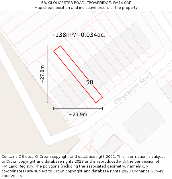 58, GLOUCESTER ROAD, TROWBRIDGE, BA14 0AE: Plot and title map