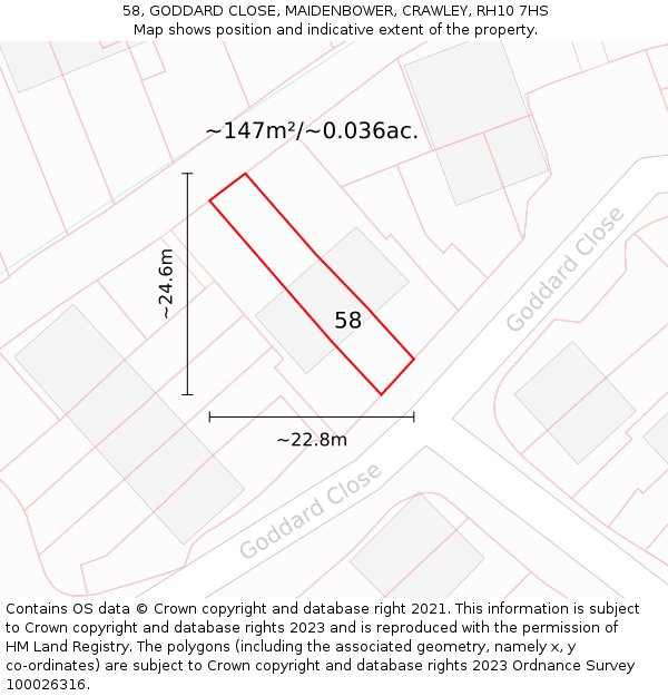 58, GODDARD CLOSE, MAIDENBOWER, CRAWLEY, RH10 7HS: Plot and title map