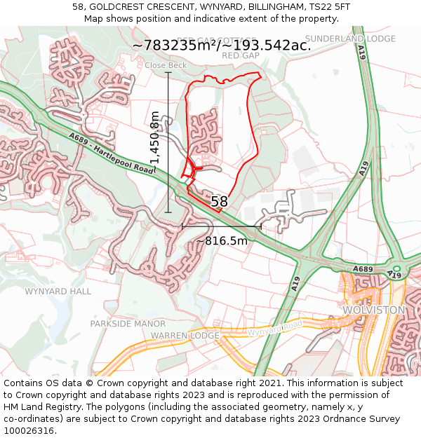 58, GOLDCREST CRESCENT, WYNYARD, BILLINGHAM, TS22 5FT: Plot and title map