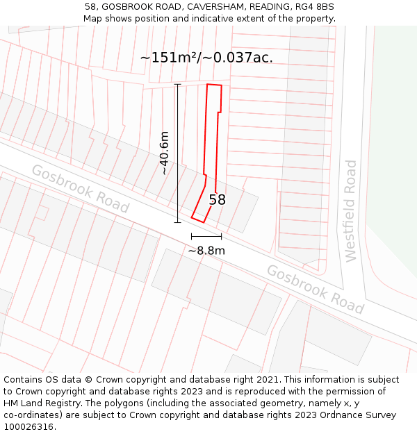 58, GOSBROOK ROAD, CAVERSHAM, READING, RG4 8BS: Plot and title map