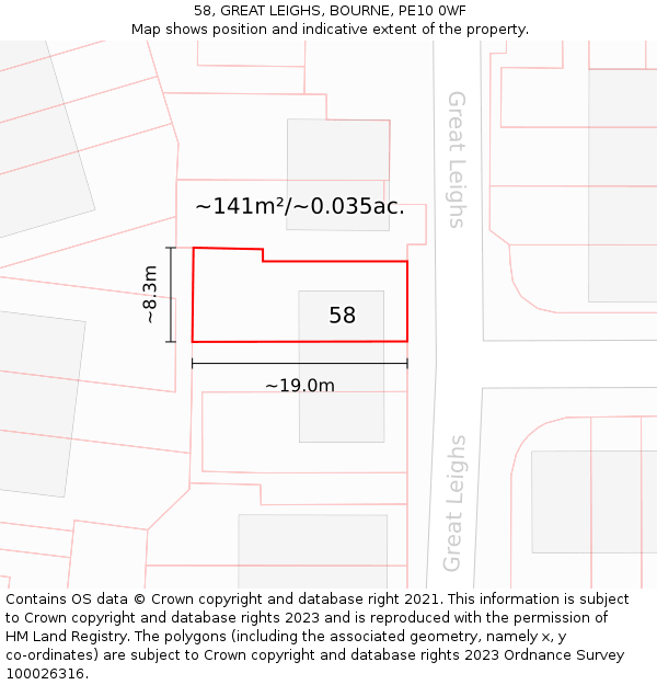 58, GREAT LEIGHS, BOURNE, PE10 0WF: Plot and title map