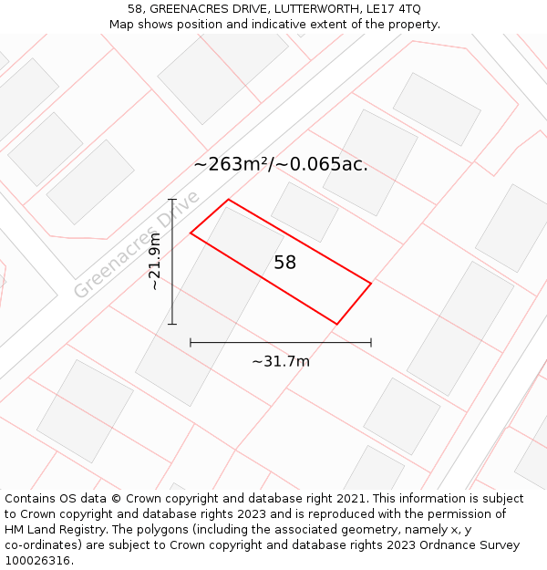 58, GREENACRES DRIVE, LUTTERWORTH, LE17 4TQ: Plot and title map