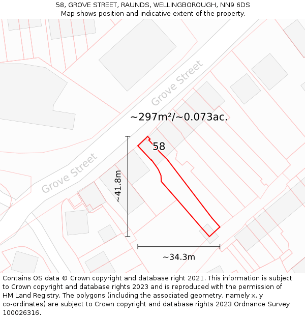 58, GROVE STREET, RAUNDS, WELLINGBOROUGH, NN9 6DS: Plot and title map