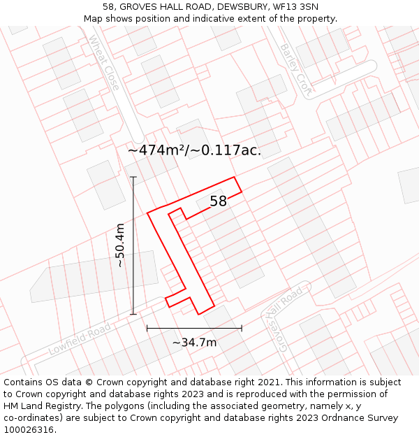 58, GROVES HALL ROAD, DEWSBURY, WF13 3SN: Plot and title map