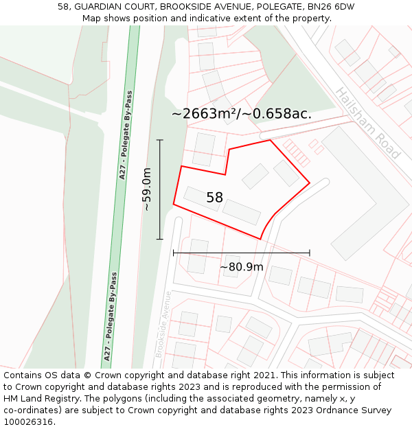 58, GUARDIAN COURT, BROOKSIDE AVENUE, POLEGATE, BN26 6DW: Plot and title map