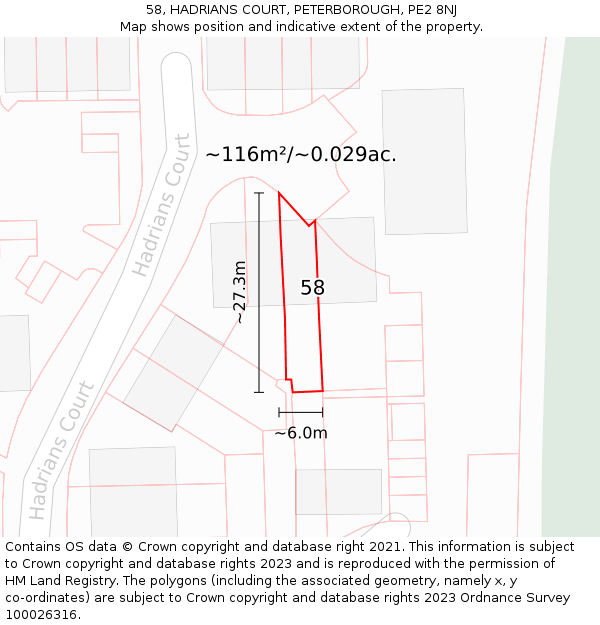 58, HADRIANS COURT, PETERBOROUGH, PE2 8NJ: Plot and title map