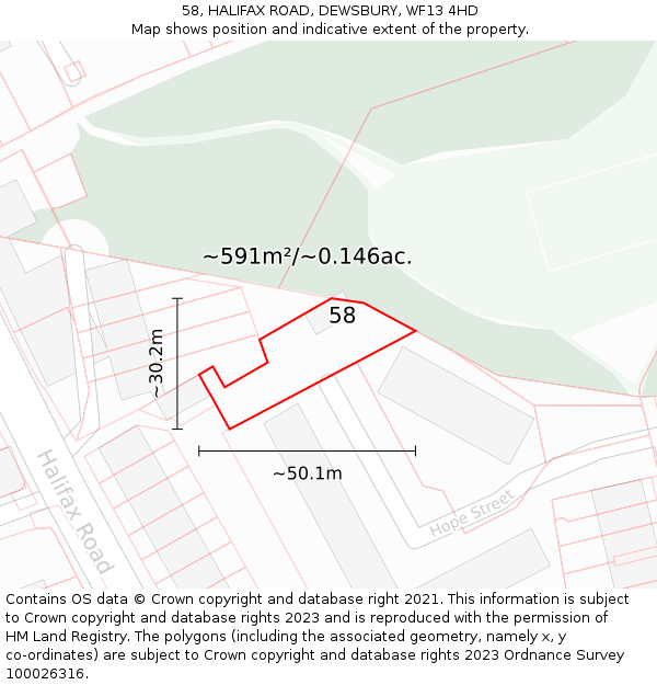 58, HALIFAX ROAD, DEWSBURY, WF13 4HD: Plot and title map