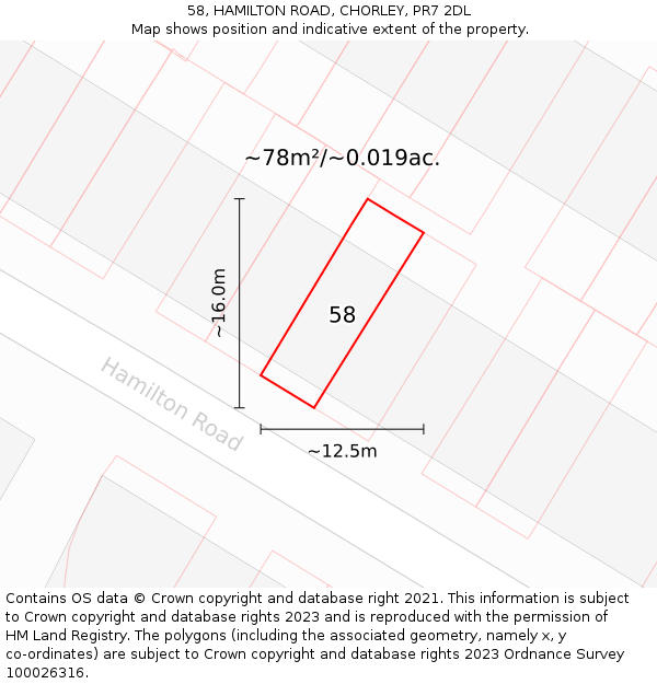 58, HAMILTON ROAD, CHORLEY, PR7 2DL: Plot and title map