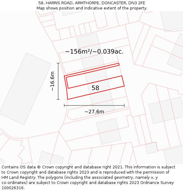 58, HARRIS ROAD, ARMTHORPE, DONCASTER, DN3 2FE: Plot and title map