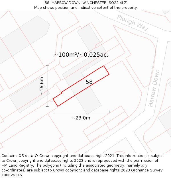 58, HARROW DOWN, WINCHESTER, SO22 4LZ: Plot and title map