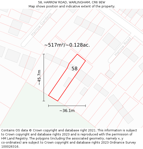 58, HARROW ROAD, WARLINGHAM, CR6 9EW: Plot and title map