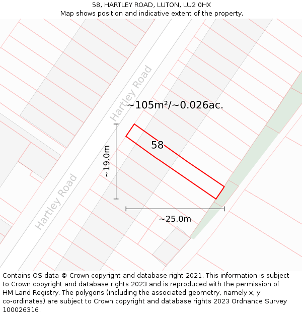 58, HARTLEY ROAD, LUTON, LU2 0HX: Plot and title map