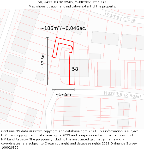 58, HAZELBANK ROAD, CHERTSEY, KT16 8PB: Plot and title map