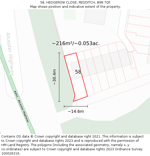 58, HEDGEROW CLOSE, REDDITCH, B98 7QF: Plot and title map