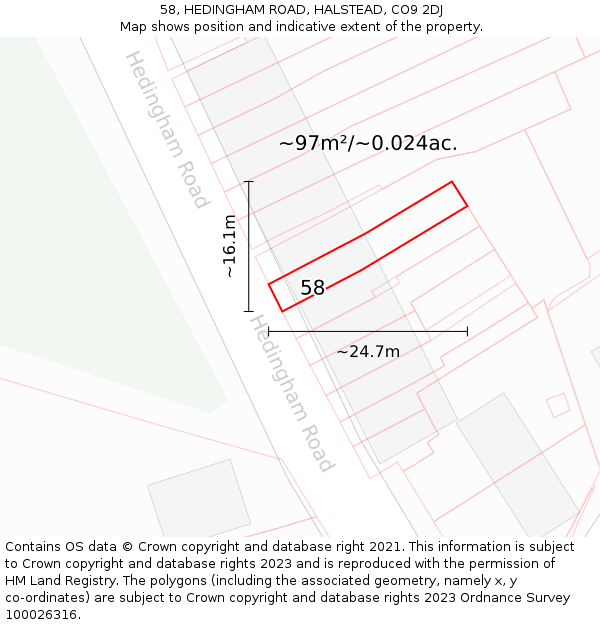 58, HEDINGHAM ROAD, HALSTEAD, CO9 2DJ: Plot and title map