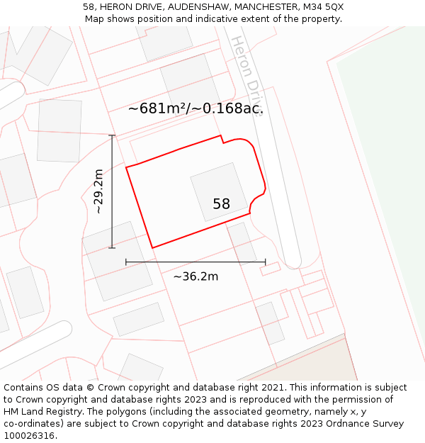 58, HERON DRIVE, AUDENSHAW, MANCHESTER, M34 5QX: Plot and title map
