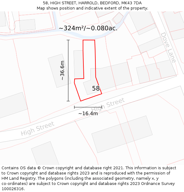 58, HIGH STREET, HARROLD, BEDFORD, MK43 7DA: Plot and title map