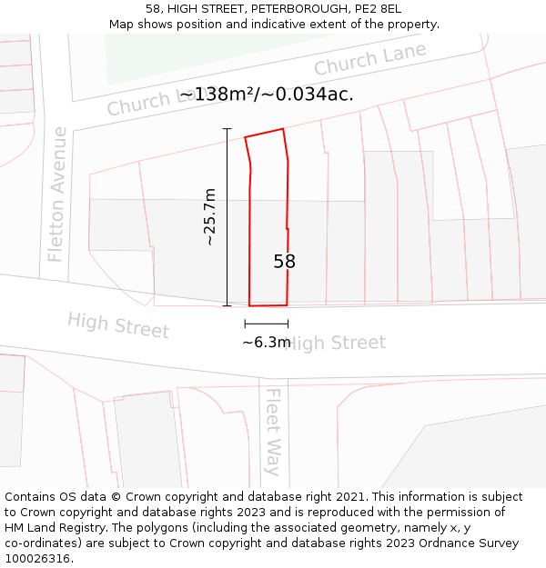 58, HIGH STREET, PETERBOROUGH, PE2 8EL: Plot and title map