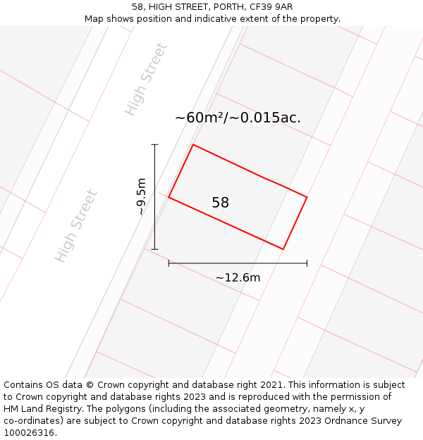 58, HIGH STREET, PORTH, CF39 9AR: Plot and title map