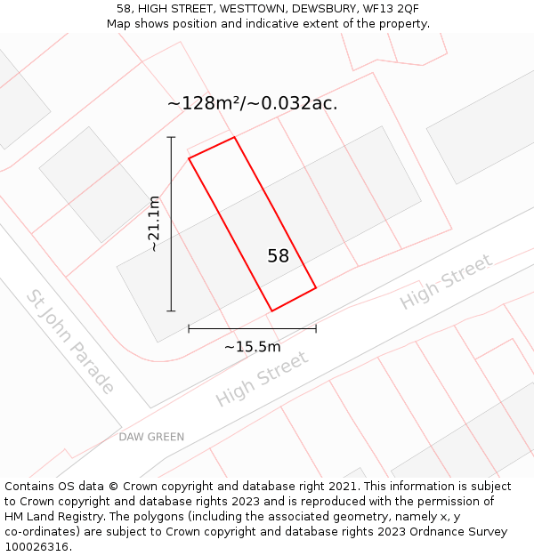 58, HIGH STREET, WESTTOWN, DEWSBURY, WF13 2QF: Plot and title map