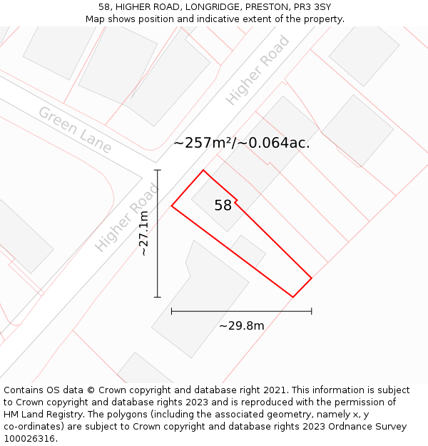 58, HIGHER ROAD, LONGRIDGE, PRESTON, PR3 3SY: Plot and title map