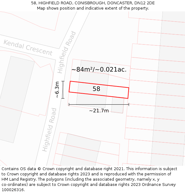 58, HIGHFIELD ROAD, CONISBROUGH, DONCASTER, DN12 2DE: Plot and title map