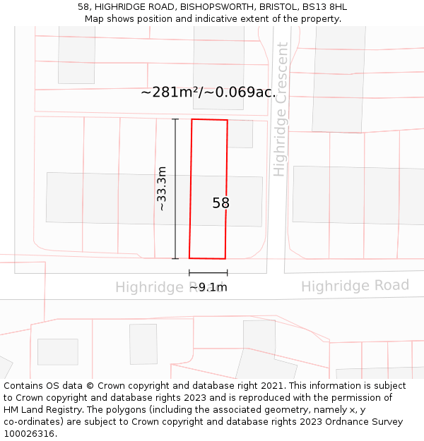 58, HIGHRIDGE ROAD, BISHOPSWORTH, BRISTOL, BS13 8HL: Plot and title map