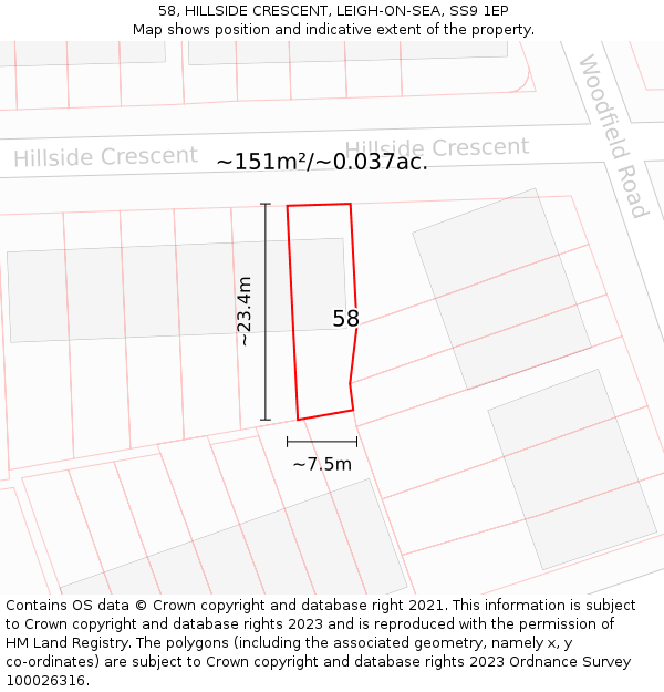58, HILLSIDE CRESCENT, LEIGH-ON-SEA, SS9 1EP: Plot and title map