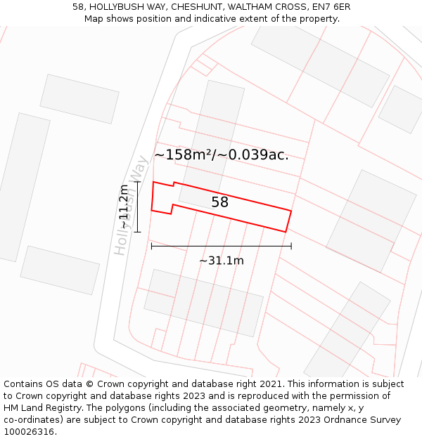58, HOLLYBUSH WAY, CHESHUNT, WALTHAM CROSS, EN7 6ER: Plot and title map