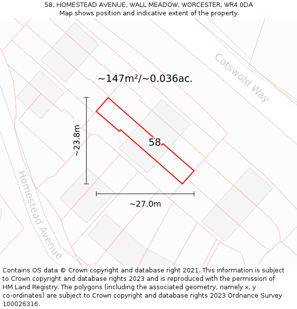 58, HOMESTEAD AVENUE, WALL MEADOW, WORCESTER, WR4 0DA: Plot and title map