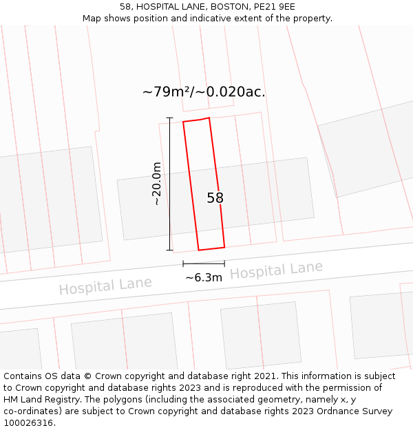 58, HOSPITAL LANE, BOSTON, PE21 9EE: Plot and title map