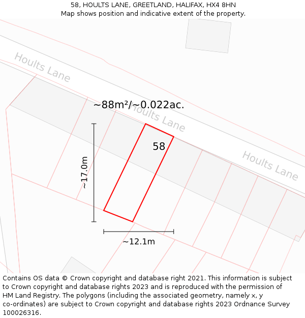 58, HOULTS LANE, GREETLAND, HALIFAX, HX4 8HN: Plot and title map