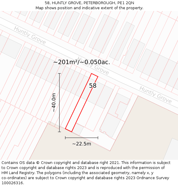58, HUNTLY GROVE, PETERBOROUGH, PE1 2QN: Plot and title map