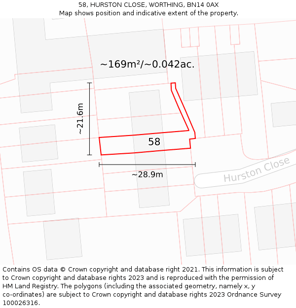 58, HURSTON CLOSE, WORTHING, BN14 0AX: Plot and title map
