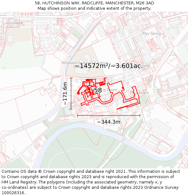 58, HUTCHINSON WAY, RADCLIFFE, MANCHESTER, M26 3AD: Plot and title map