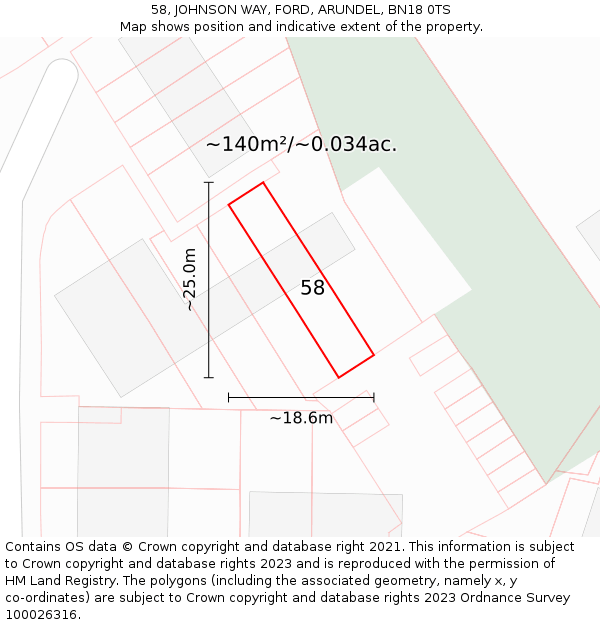 58, JOHNSON WAY, FORD, ARUNDEL, BN18 0TS: Plot and title map