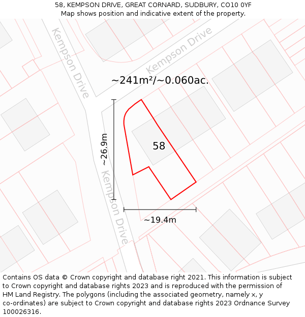 58, KEMPSON DRIVE, GREAT CORNARD, SUDBURY, CO10 0YF: Plot and title map