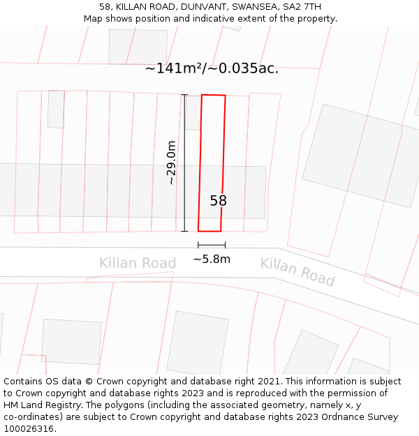 58, KILLAN ROAD, DUNVANT, SWANSEA, SA2 7TH: Plot and title map