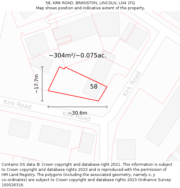 58, KIRK ROAD, BRANSTON, LINCOLN, LN4 1FQ: Plot and title map
