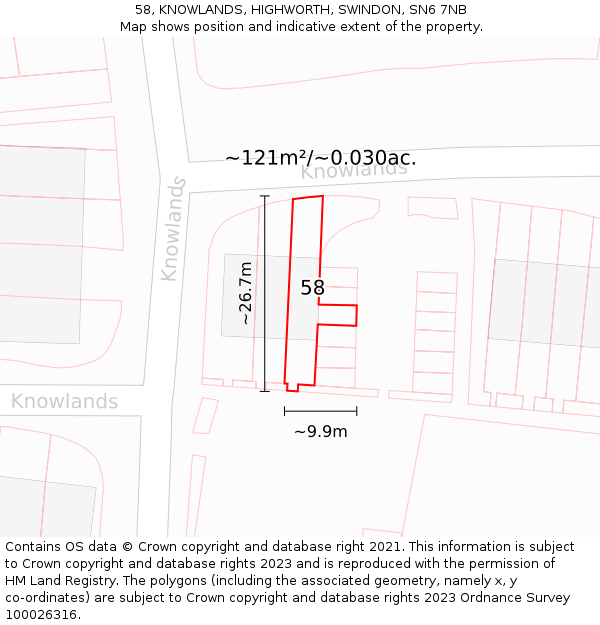 58, KNOWLANDS, HIGHWORTH, SWINDON, SN6 7NB: Plot and title map
