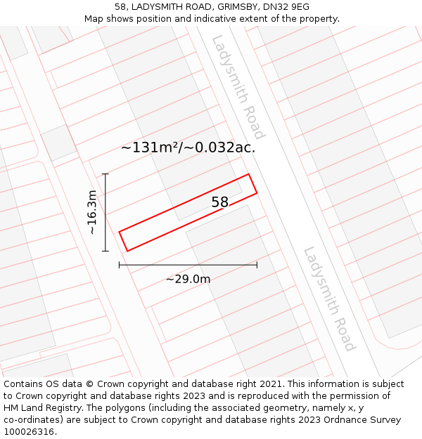 58, LADYSMITH ROAD, GRIMSBY, DN32 9EG: Plot and title map